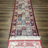 Turkish Silk Runner Rug 2.6 x 11.6, Panel Design, Dark Red Ivory, Bamboo Silk, New