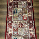 Turkish Silk Runner Rug 2.6 x 11.6, Panel Design, Dark Red Ivory, Bamboo Silk, New