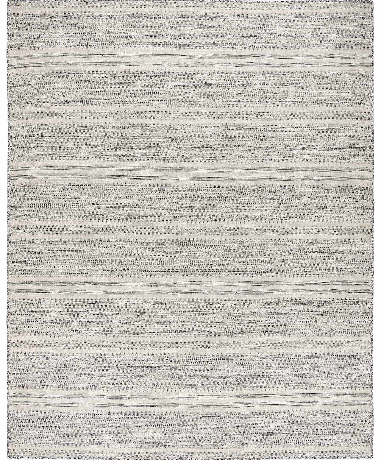 Close-up of the Arabi Wool Area Rug. Hand-woven rug with a striped pattern in black, gray, and light beige. Design-Rectangle
