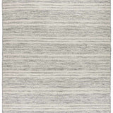 Close-up of the Arabi Wool Area Rug. Hand-woven rug with a striped pattern in black, gray, and light beige. Design-Rectangle