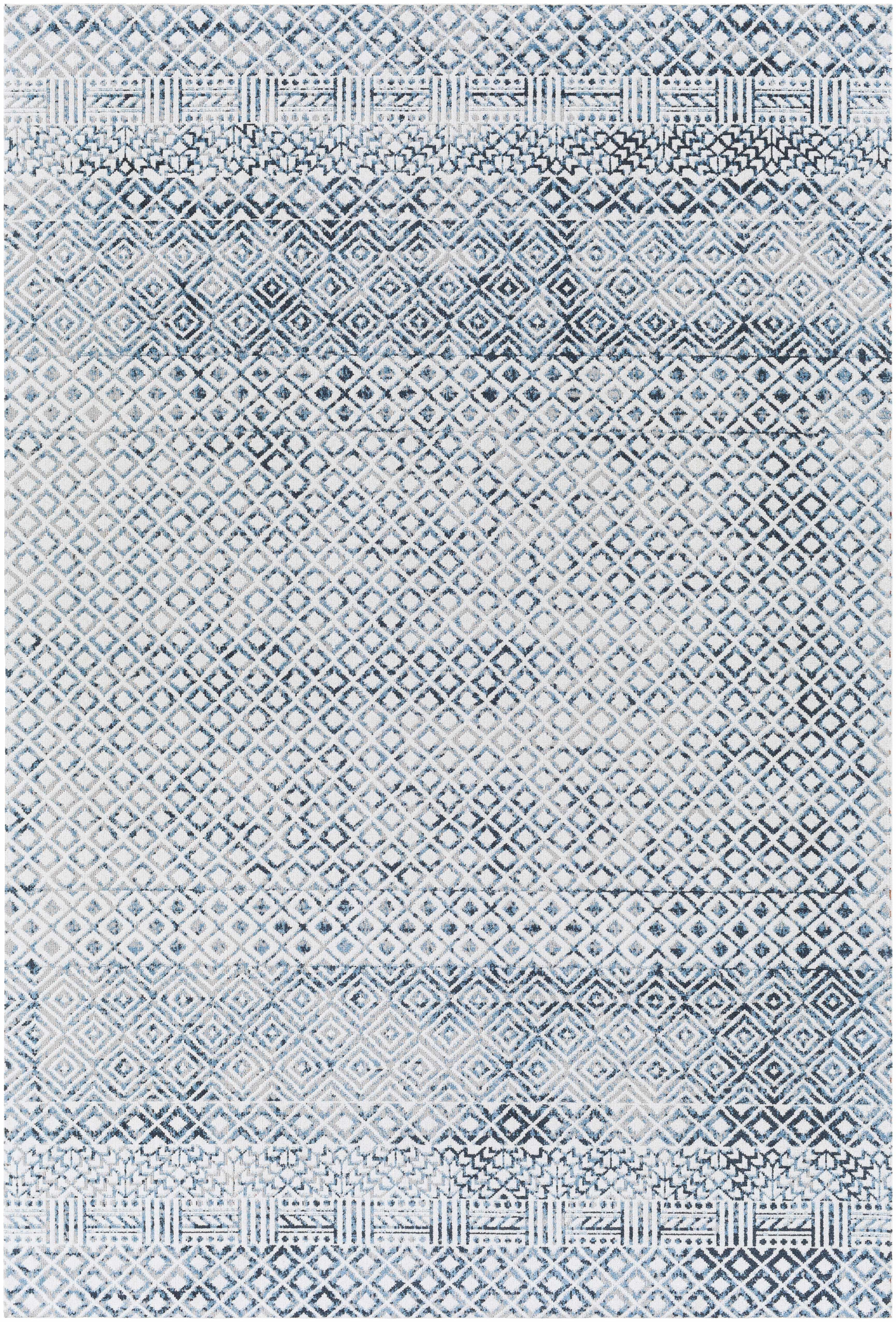Close-up of the Askeaton Washable Area Rug, featuring a geometric diamond pattern in blue, gray, and light gray hues. Design-Rectangle-537