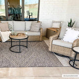 Outdoor patio scene with Beige Charcoal Areli Area Rug, wicker furniture, and neutral decor for a cozy, contemporary look. Roomscene-Rectangle
