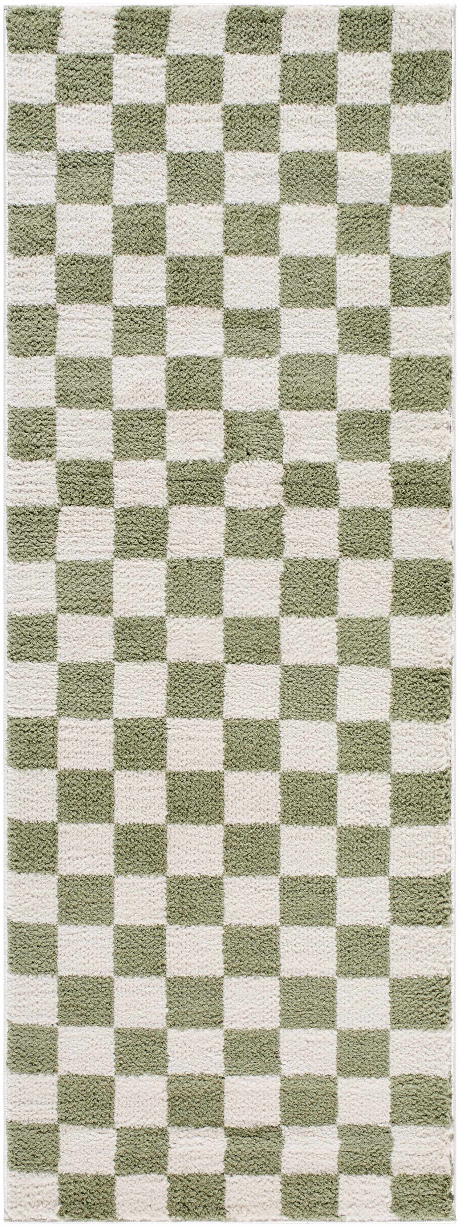 Close-up of the Canika Green Checkered Washable Plush Rug. Green and off-white checkerboard pattern with a plush texture. Design-Runner-2710