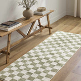 Entryway with wood bench and Canika Green Checkered Washable Plush Rug runner on wood floor. Roomscene-Runner