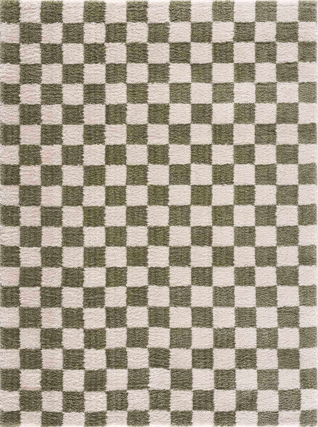 Close-up of the Canika Green Checkered Washable Plush Rug, featuring a green and off-white checkerboard pattern. Design-Rectangle-537