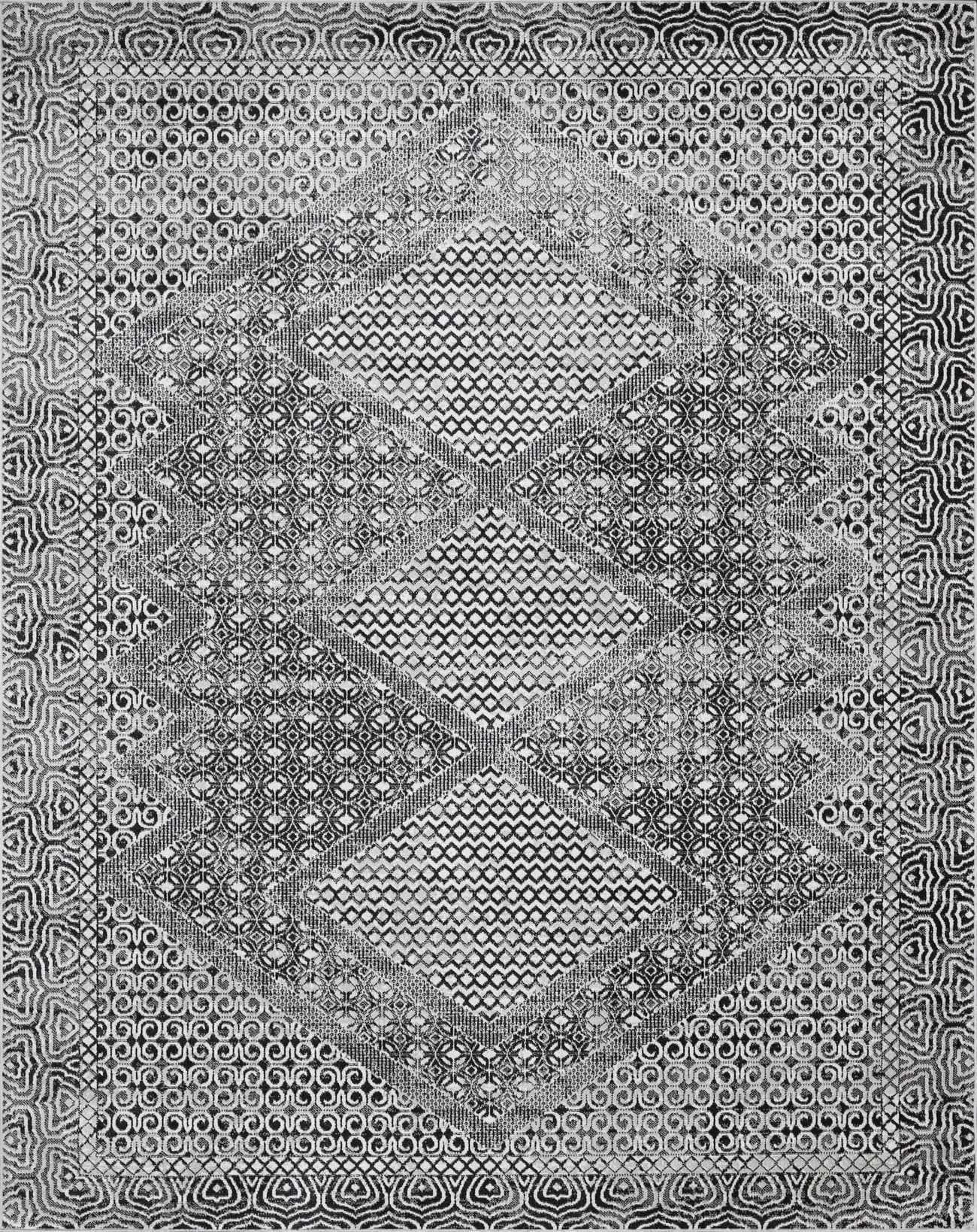 Close-up of the Consuelo Washable Area Rug; black, gray and light gray oriental pattern with diamond and geometric designs. Design-Rectangle