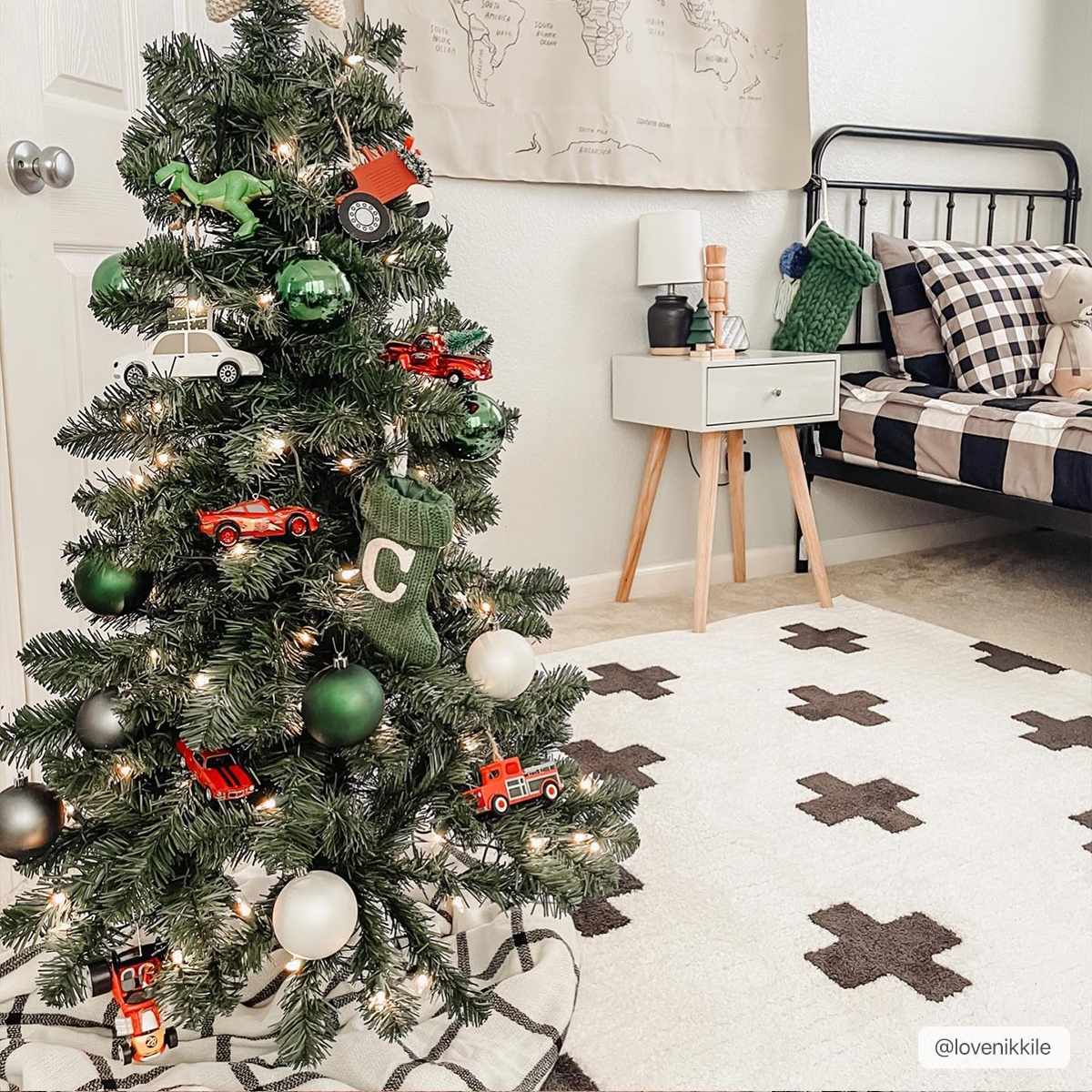 Kids bedroom with Christmas tree and Erath Area Rug. White rug with charcoal plus sign pattern. Farmhouse style. Roomscene-Rectangle