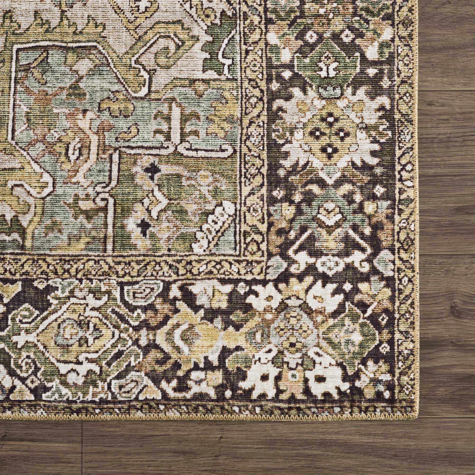 Close-up of Neyland Sage Green Area Rug showcasing its traditional, oriental pattern and colors on a dark wood floor. Swatch