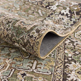 Close-up of the Neyland Sage Green Area Rug, showing its traditional oriental pattern and sage, olive, and charcoal colors. Fold