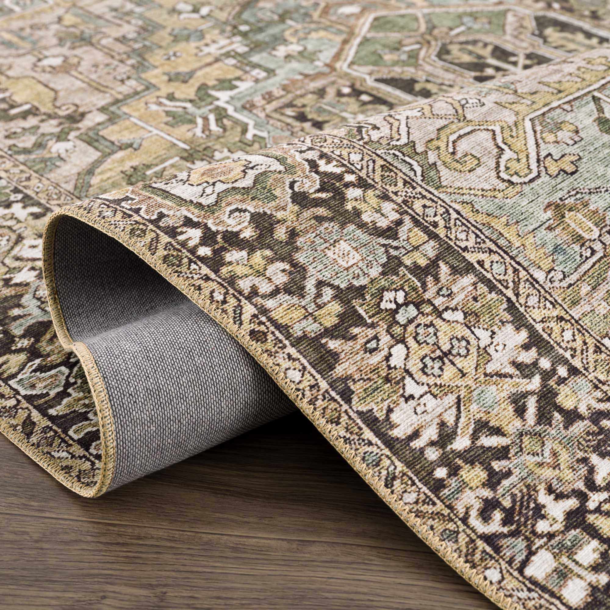 Close-up of the Neyland Sage Green Area Rug showing its traditional oriental pattern, sage, olive, and charcoal colors. Fold