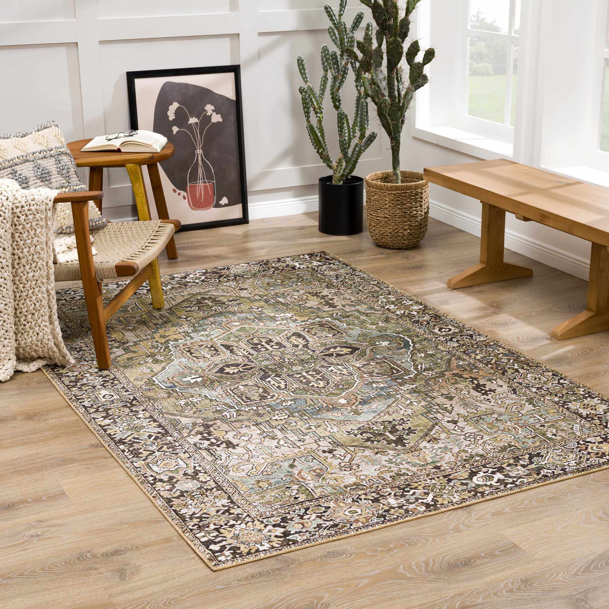 Sunlit living room with a Neyland Sage Green Area Rug, wood floors, chair, bench, and cacti. Roomscene-Rectangle
