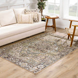 Living room scene with a Neyland Sage Green Area Rug, cream sofa, wood chair, and natural light. Roomscene-Rectangle