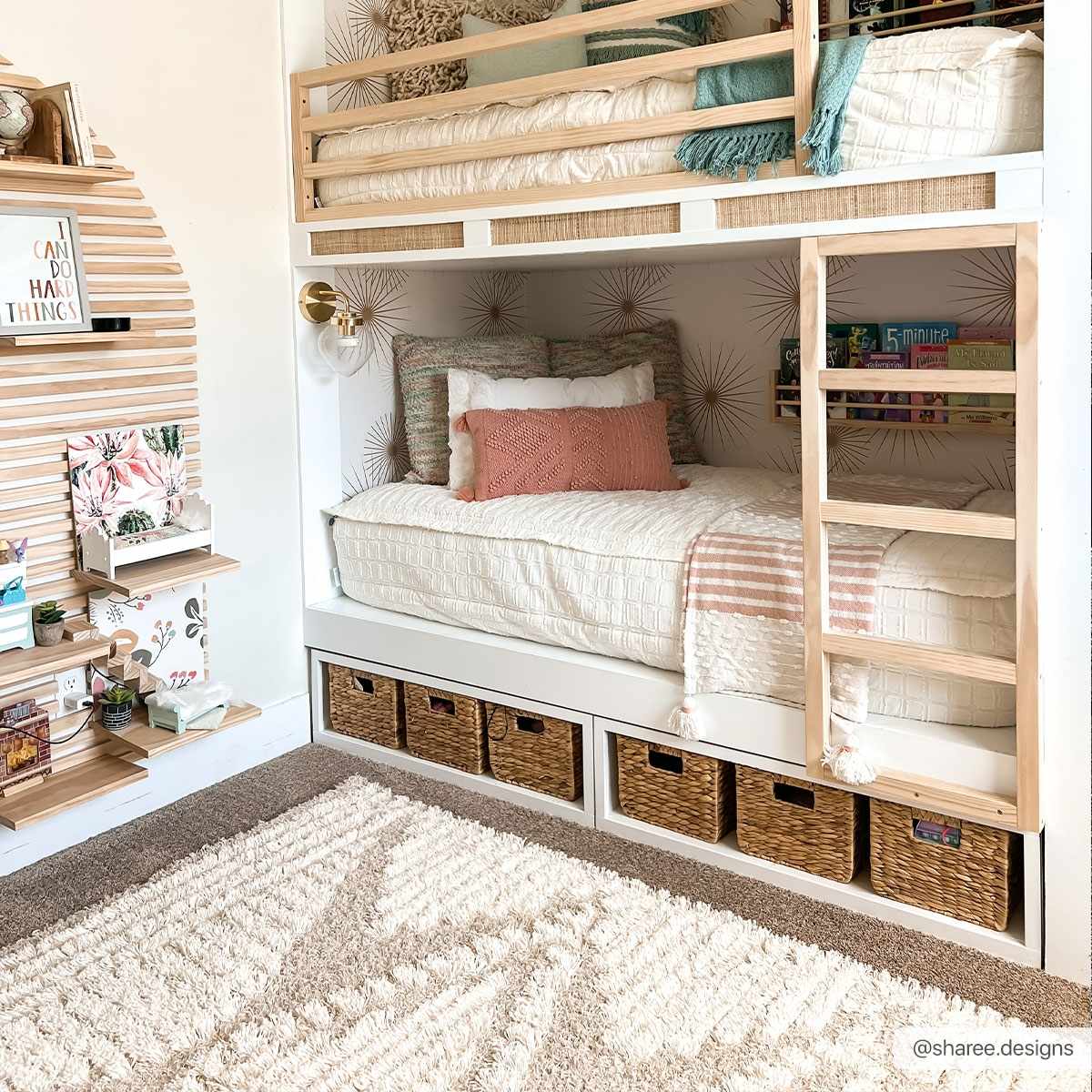 Kids bedroom with bunk beds and the Igor Shag Area Rug. Neutral tones and cozy farmhouse style. Roomscene-Rectangle