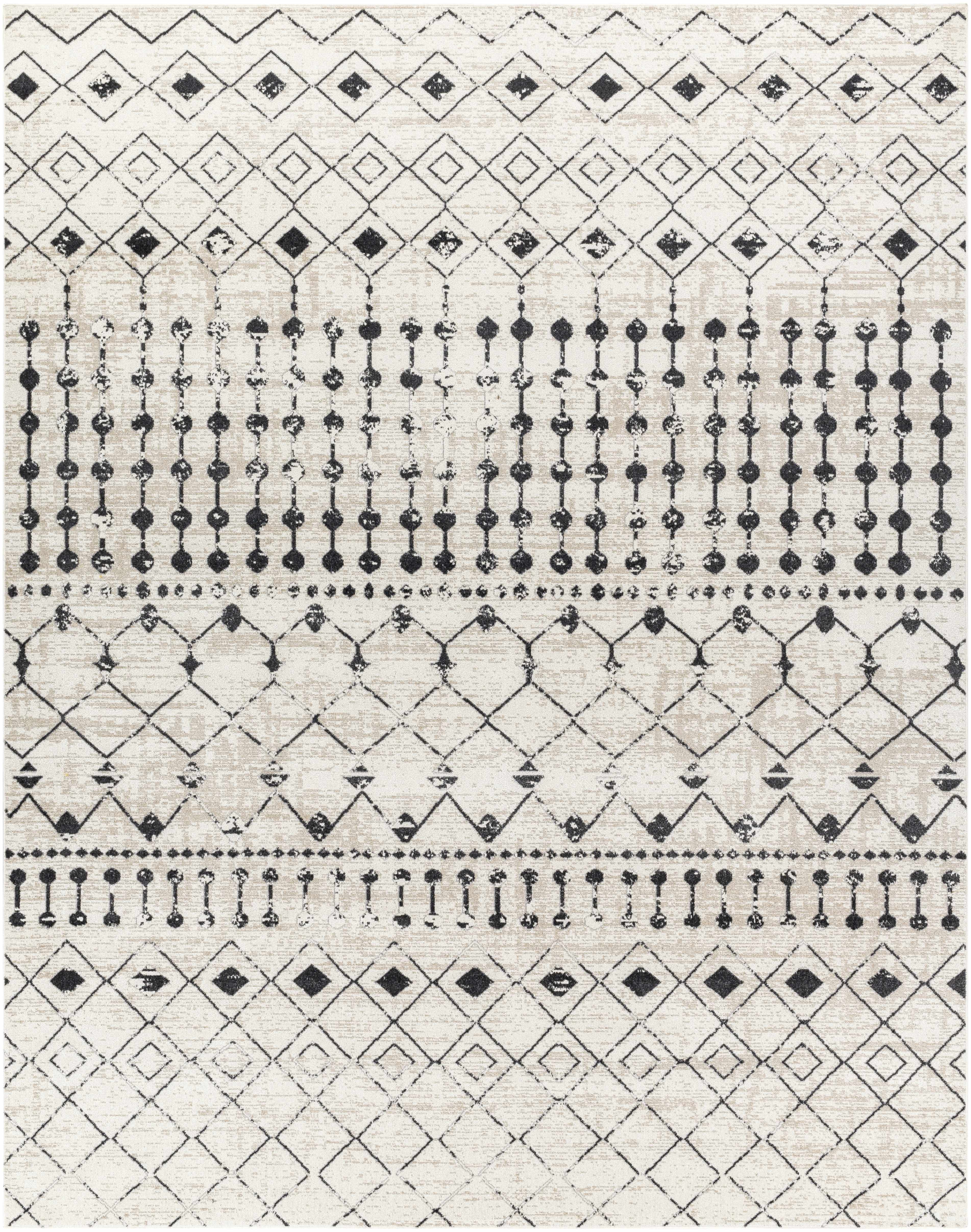 Close-up of the Joppatowne Washable Area Rug, featuring a black geometric pattern on a cream and light beige background. Design-Rectangle-71010