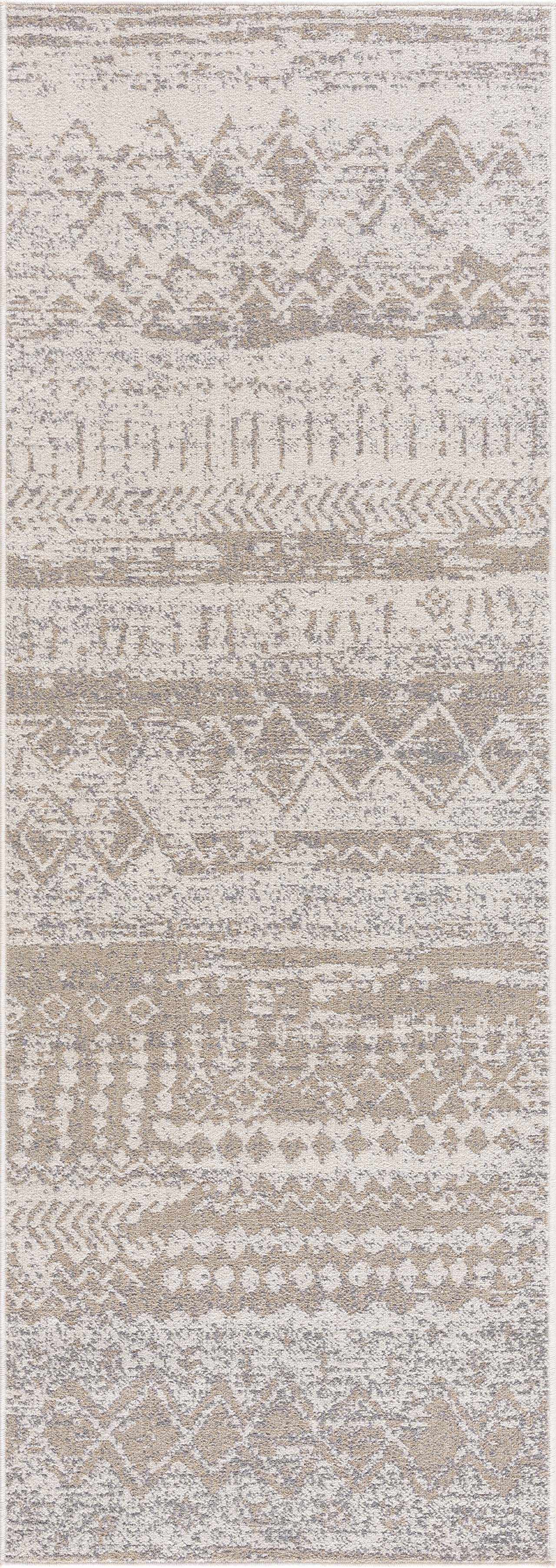 Close-up of Tupsan Washable Area Rug featuring a contemporary geometric pattern in cream, light beige, and light gray tones. Design-Runner
