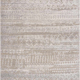 Close-up of Tupsan Washable Area Rug. Cream, light beige, and gray rug with a contemporary tribal pattern. Design-Rectangle-537