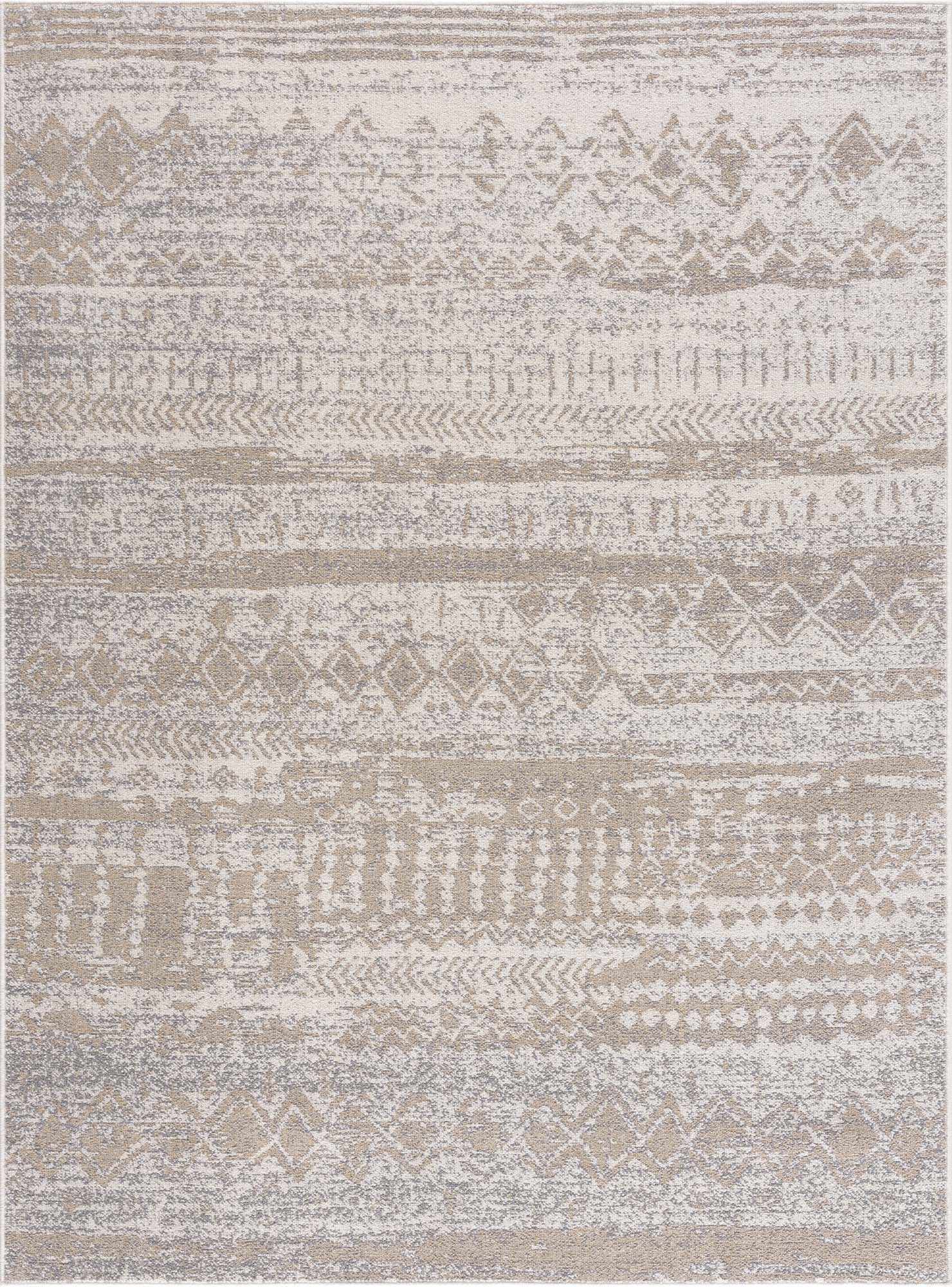 Close-up of Tupsan Washable Area Rug. Cream, light beige, and gray rug with a contemporary tribal pattern. Design-Rectangle-537
