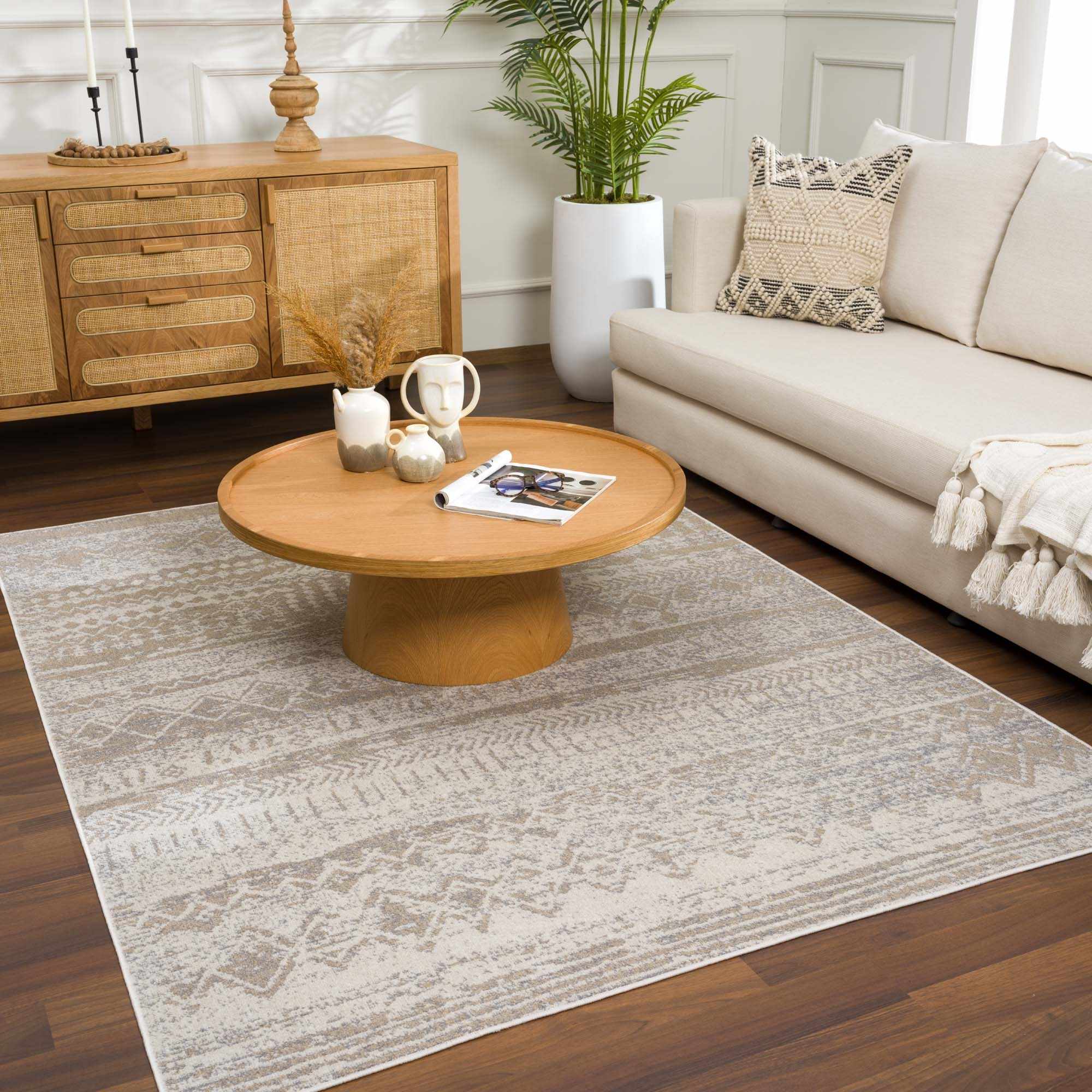 Living room scene with a Tupsan Washable Area Rug in cream, light beige, and light gray colors. Modern farmhouse style. Roomscene-Rectangle