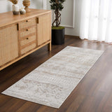 Entryway with wood console and Tupsan Washable Area Rug runner in cream, beige, and gray. Roomscene-Runner