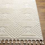 Close-up of the bone Manyas 3D Area Rug. Geometric pattern, tassels, and plush texture on a wood floor. Front