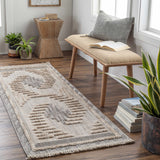 Entryway scene with a Muricay High-Low Rustic Rug in charcoal, cream, and beige, styled with a bench and plants. Roomscene-Runner