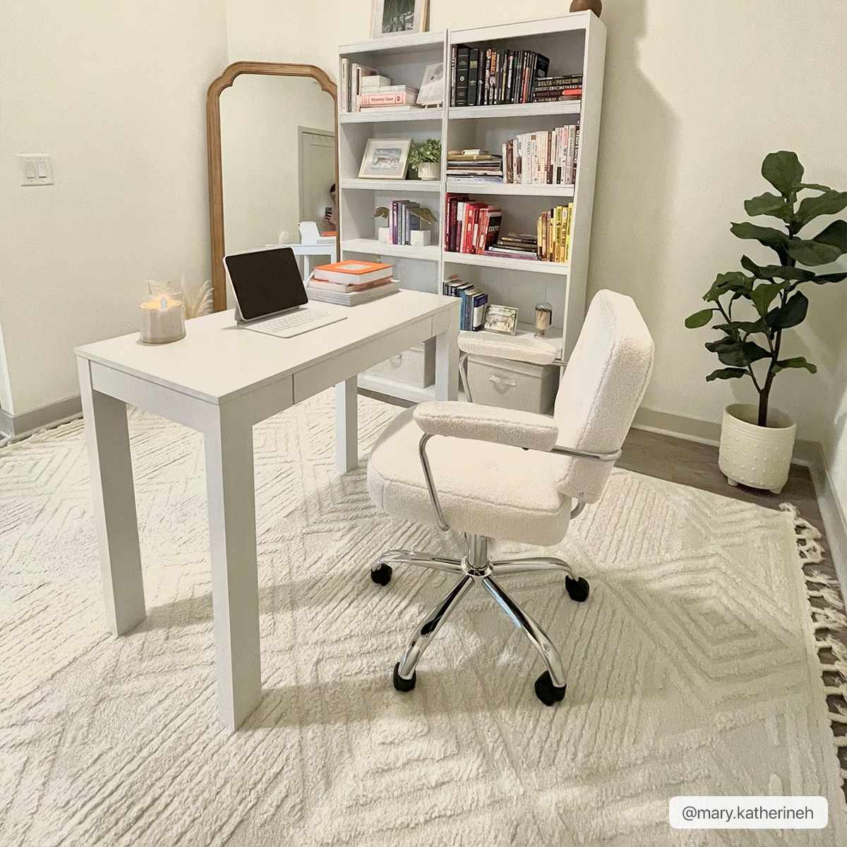 Home office with white desk, chair, and Manyas 3D Bone Area Rug. Geometric rug with tassels adds texture to the neutral room. Roomscene-Rectangle