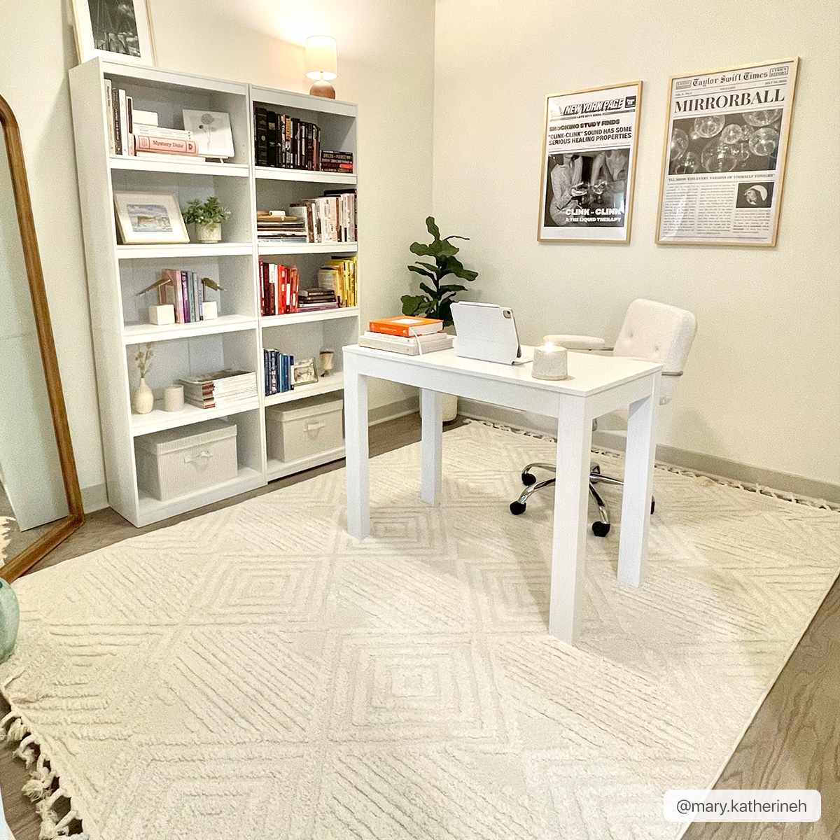 Home office with white desk, bookshelf, and Manyas 3D Bone Area Rug. Neutral, bright, and modern farmhouse style. Roomscene-Rectangle