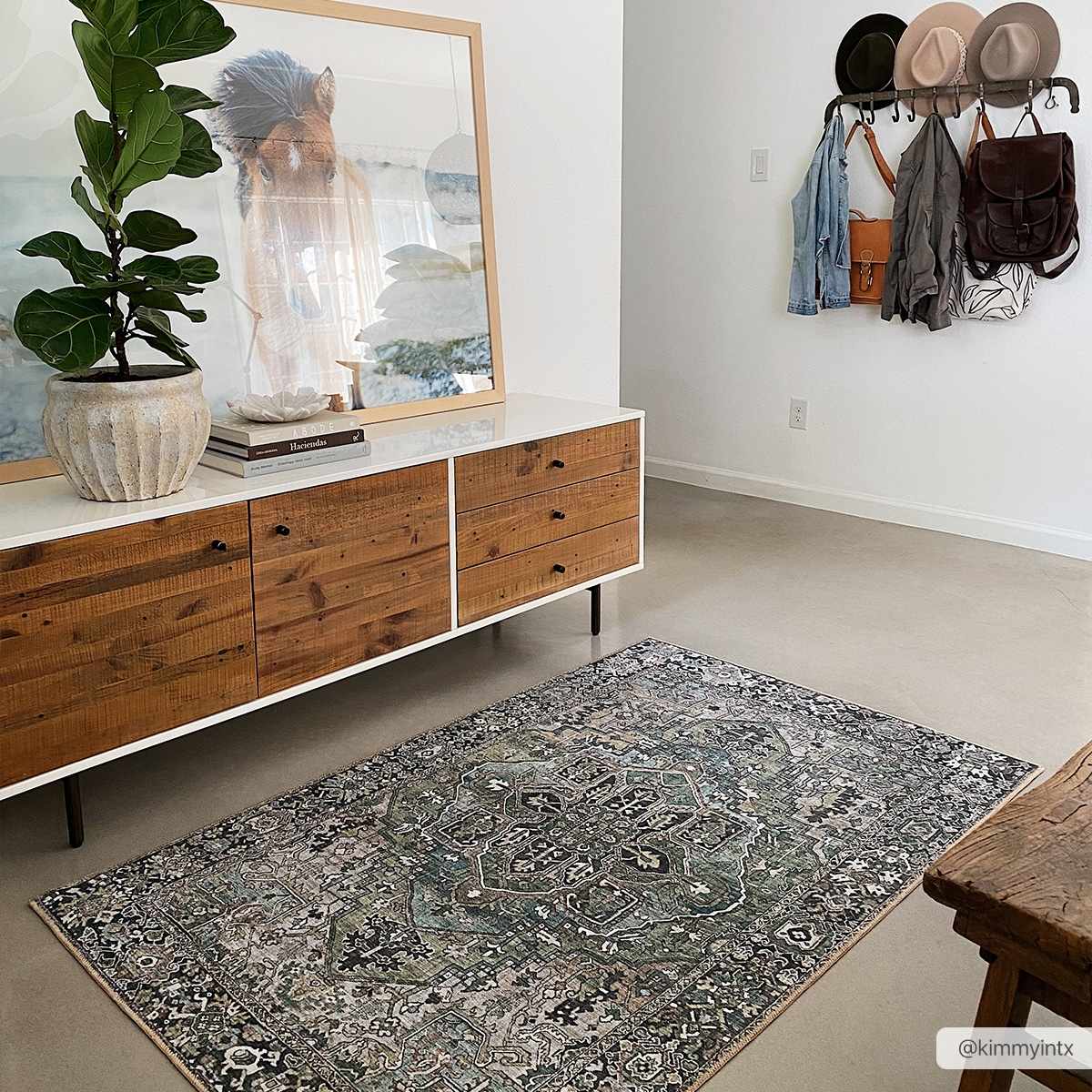 Entryway scene with a Neyland Sage Green Area Rug, wood console table, horse art, and hat rack. Farmhouse style. Roomscene-Rectangle