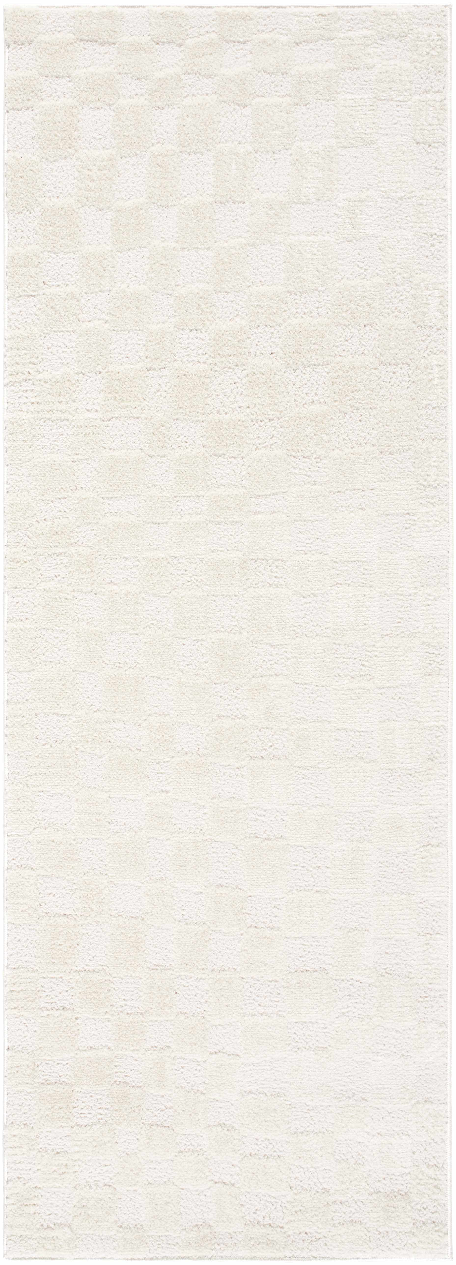 Close-up of the Keesa Checkered Area Rug. Ivory and off-white polyester rug with a subtle checkered pattern and soft texture. Design-Runner-2773
