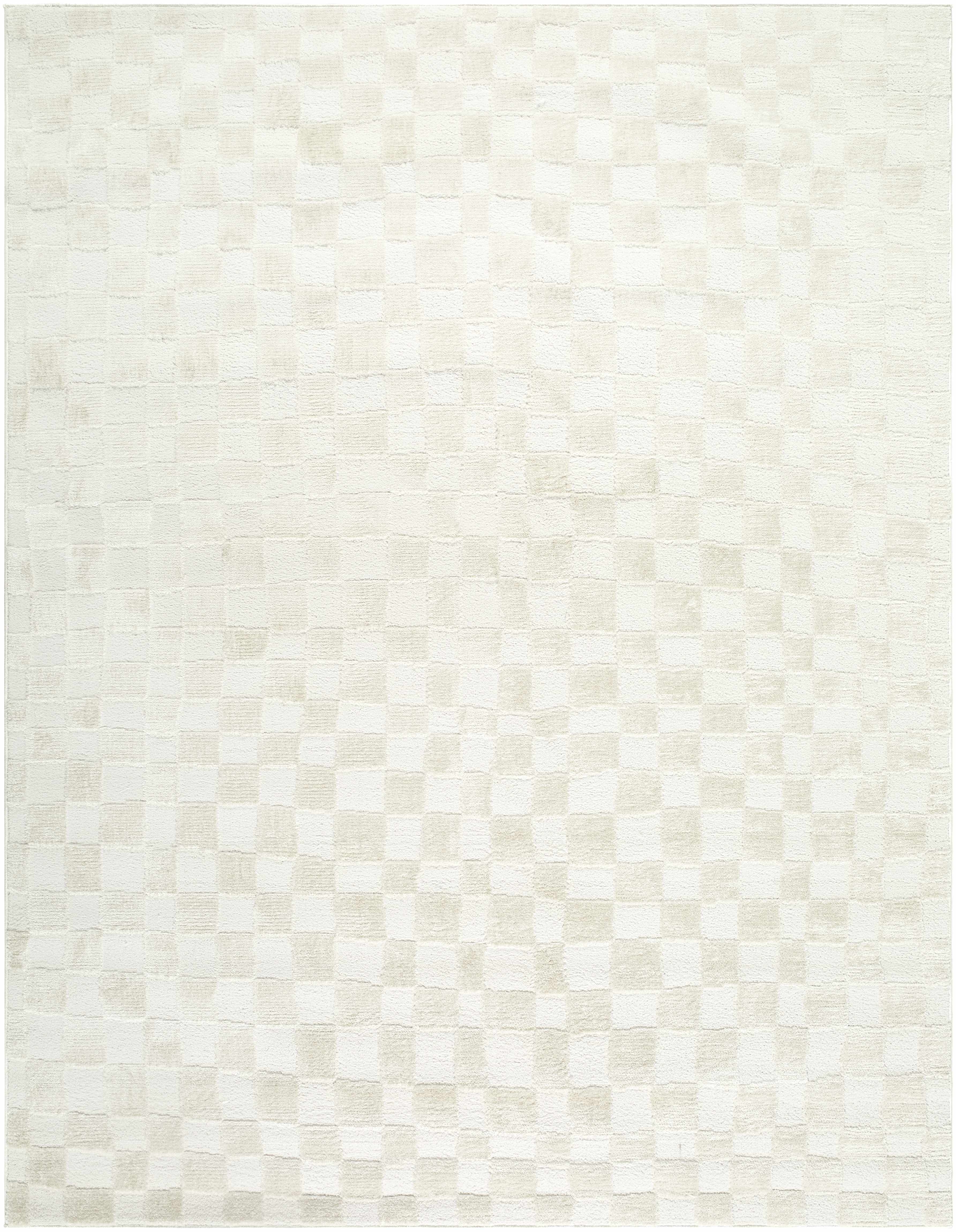 Close-up of the Keesa Checkered Area Rug. Ivory and off-white checkerboard pattern with a soft, textured pile. Design-Rectangle