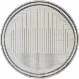Close-up of a round Thad Medium Gray Washable Area Rug with a geometric stripe pattern in bone, dark gray, and medium gray. Design-Round-67