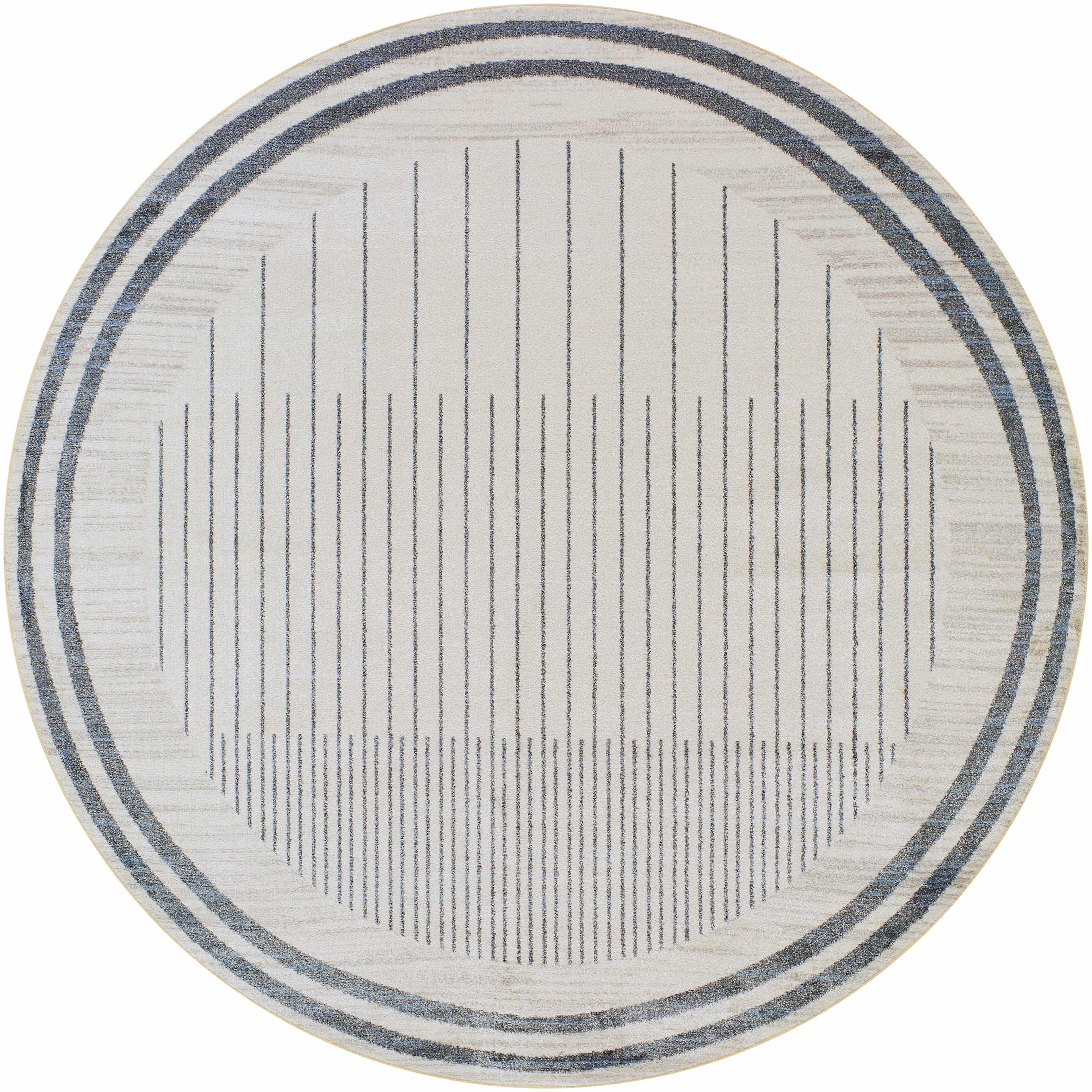 Close-up of a round Thad Medium Gray Washable Area Rug with a geometric stripe pattern in bone, dark gray, and medium gray. Design-Round-67