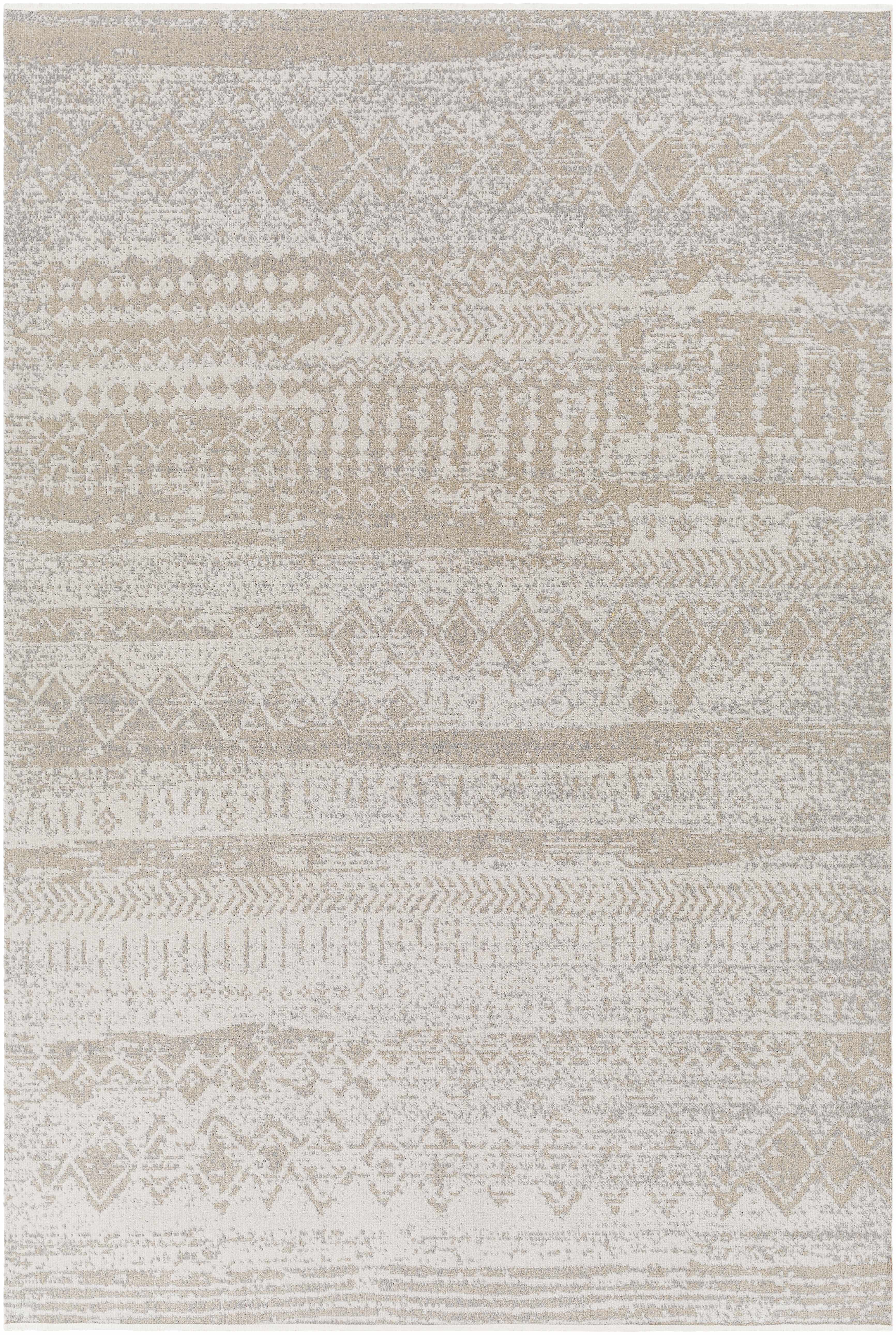 Close-up of a Tupsan Washable Area Rug in cream, light beige, and light gray with a contemporary geometric pattern. Design-Rectangle-537