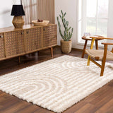 Living room scene with a neutral Emmly Shag Area Rug, wood furniture, and a cactus near a window. Roomscene-Rectangle