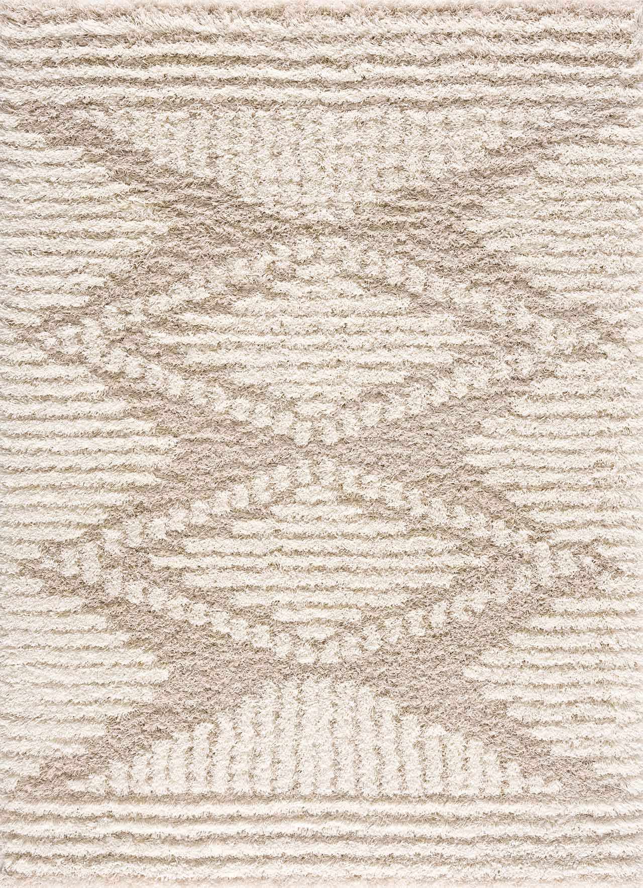 Close-up of the Igor Shag Area Rug featuring a geometric pattern in gray, light peach, mocha, and nutmeg hues. Design-Rectangle-5373
