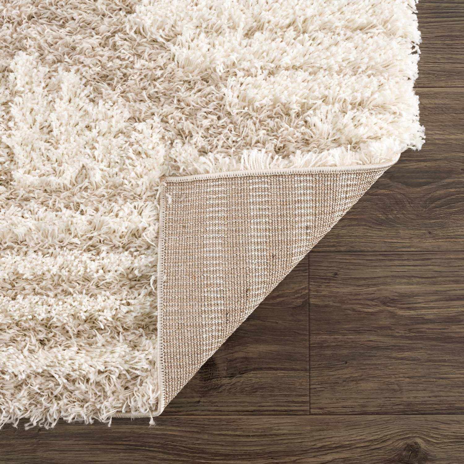 Close-up of the Igor Shag Area Rug showing its plush texture, neutral colors, and backing on a dark wood floor. Fold