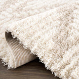 Close-up of the Igor Shag Area Rug, showing its plush texture, geometric pattern, and gray, light peach, mocha, and nutmeg colors. Fold