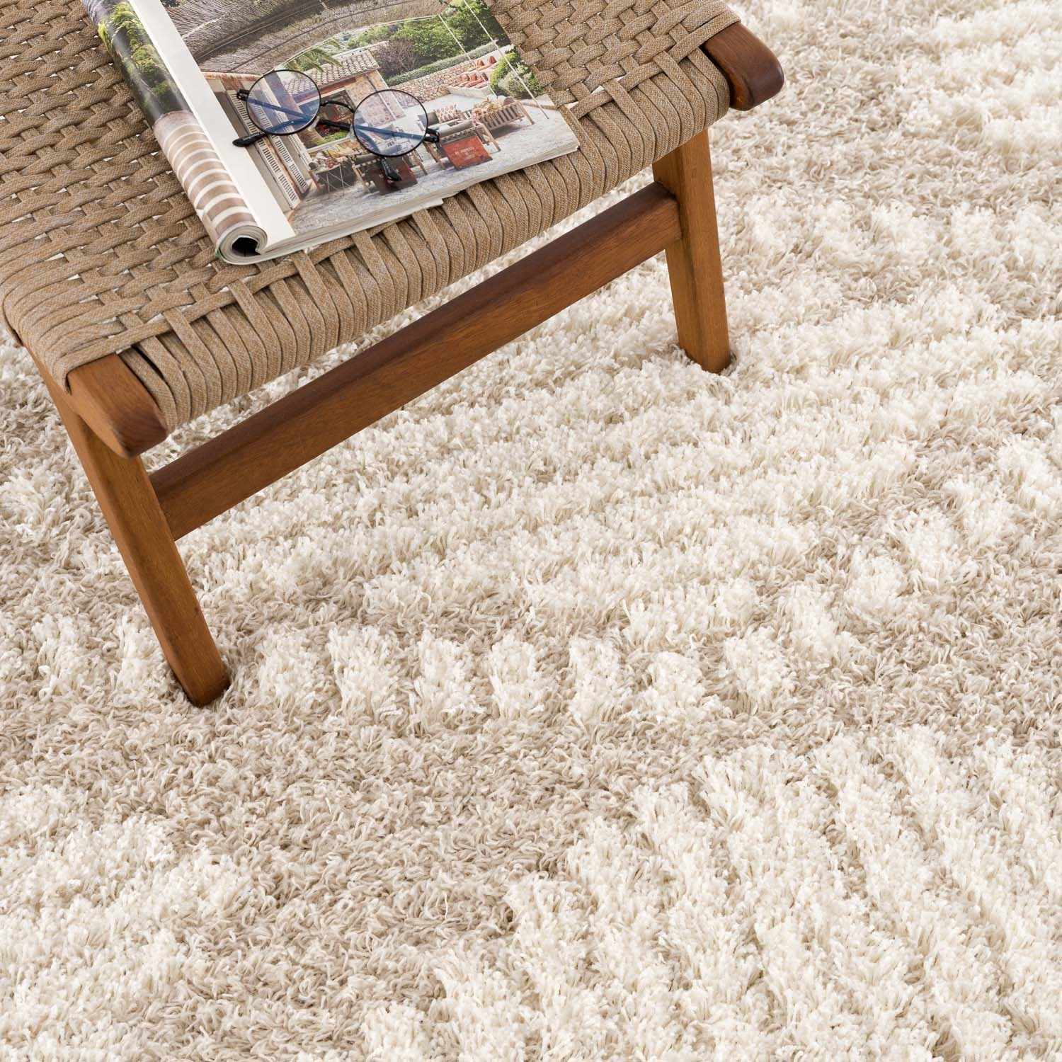 Close-up of the Igor Shag Area Rug showing its plush texture and geometric pattern in gray, light peach, mocha, and nutmeg. Styleshot