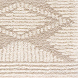 Close-up of the Igor Shag Area Rug. Shaggy texture with geometric lines in gray, light peach, mocha, and nutmeg. Swatch