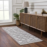 Entryway scene with gray and cream Borbon Area Rug, wood console table, and warm lighting. Roomscene-Runner