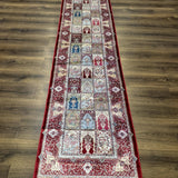 Turkish Silk Runner Rug 2.6 x 11.6, Panel Design, Dark Red Ivory, Bamboo Silk, New