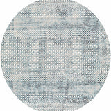Close-up of round Askeaton Washable Area Rug. Features a diamond pattern in blue, gray, and light gray hues. Contemporary style. Design-Round-67