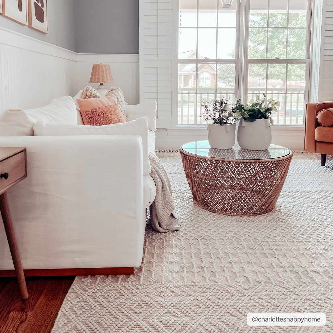 Living room scene with white sofa and Ryne Area Rug in driftwood and white thatch colors. Roomscene-Rectangle