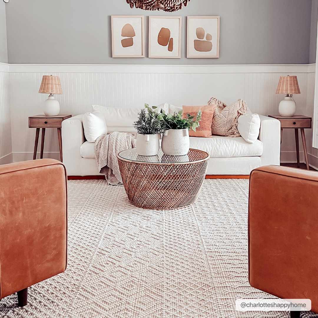 Living room scene with a white sofa and the Ryne Area Rug in driftwood tones. Roomscene-Rectangle
