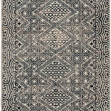 Close-up of the Consuelo Washable Area Rug, showcasing its black, gray, and light gray oriental-inspired geometric pattern. Design-Runner-2773