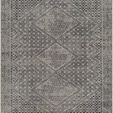 Close-up of the Consuelo Washable Area Rug, featuring a black and gray oriental-inspired geometric pattern. Design-Rectangle-537