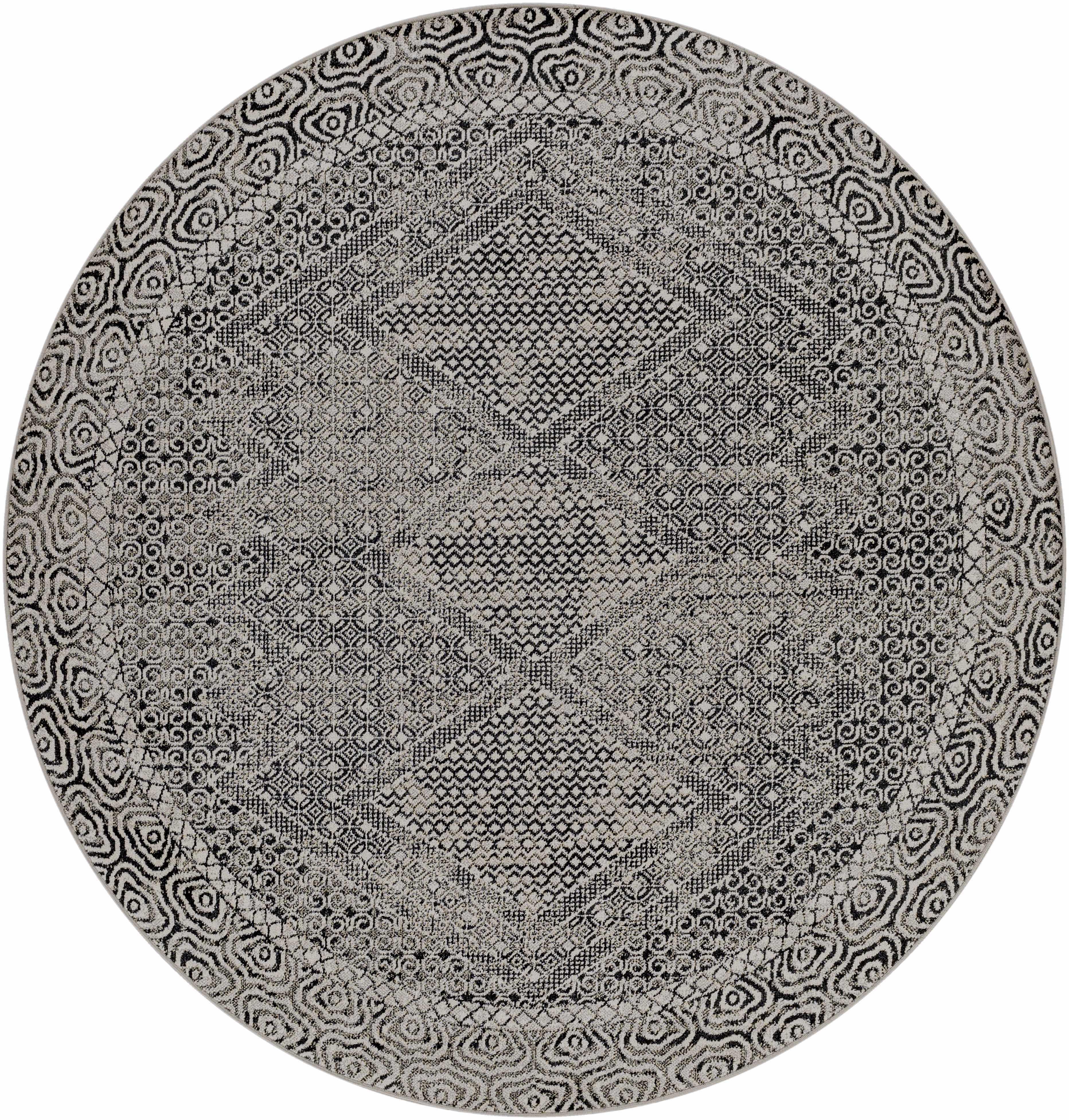 Round Consuelo Washable Area Rug with black and gray oriental-inspired geometric pattern and wavy border. Design-Round-67
