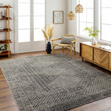 Living room with farmhouse decor featuring the black and gray Consuelo Washable Area Rug. Roomscene-Rectangle