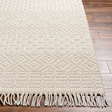 Close-up of the Ryne Area Rug showing its geometric pattern, woven texture, and fringe detail on a wood floor. Front