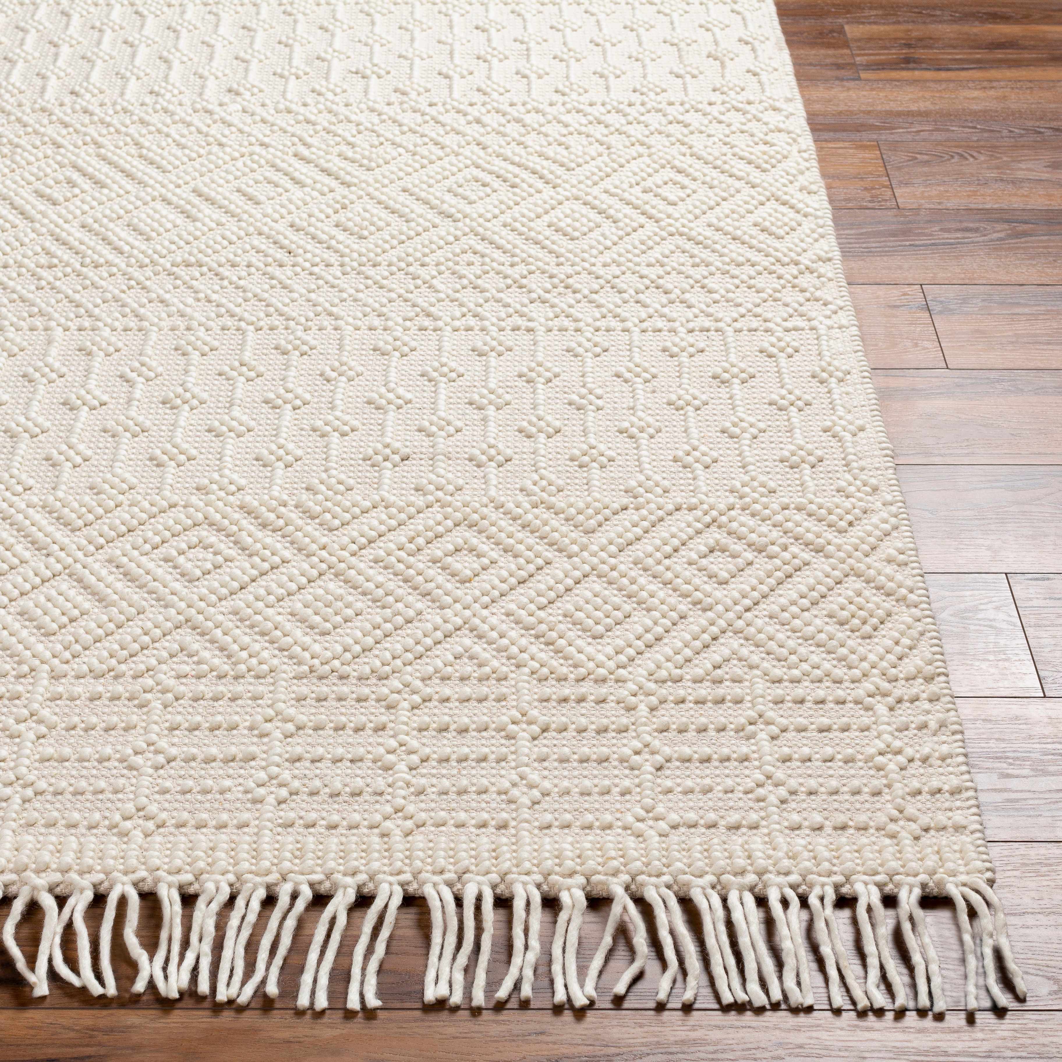 Close-up of the Ryne Area Rug showing its geometric pattern, woven texture, and fringe detail on a wood floor. Front